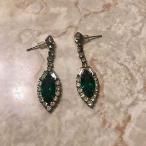 Dangly silver earrings with green gem